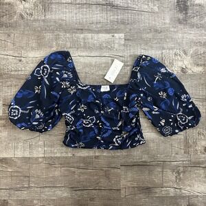 Sienna Sky Smocked Puff Sleeve Crop Top Women's Size Medium Blue‎ Floral NWT